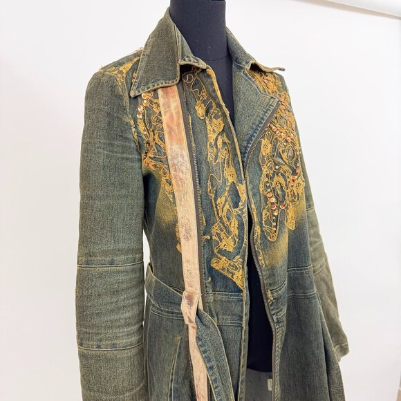 VINTAGE 90S ACID WASH SEQUIN DENIM TRENCH COAT JONINO - Picture 4 of 13